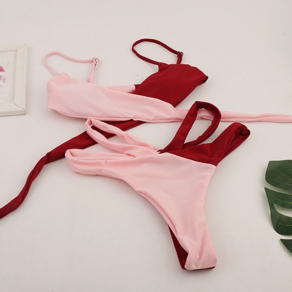 Pink/Red Color Block Patchwork Bikini Set - Picture 3 of 3